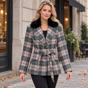 Jessie Plaid Wool Blend Belted Coat Rabbit Fur Collar Women's 10 Gray